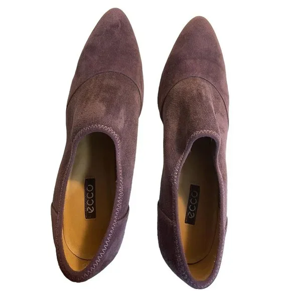 Ecco Booties Women Size 10 (41) Purple Suede Pull On Pointed Toe 3” Black Heel - Picture 5 of 12